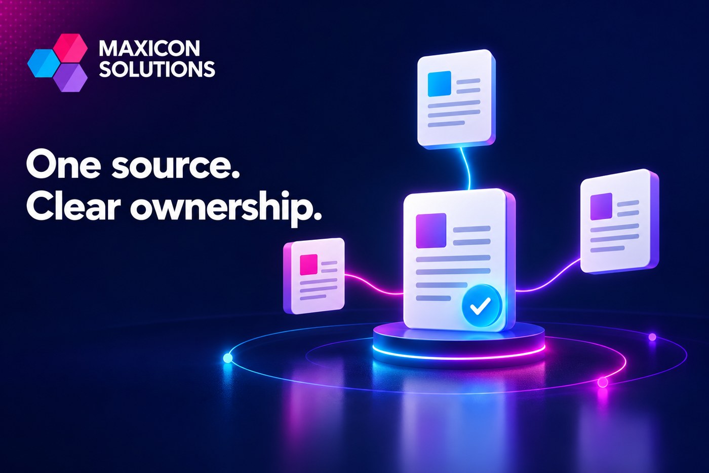 business workflow integration: Central business record linked to document cards with a verification symbol