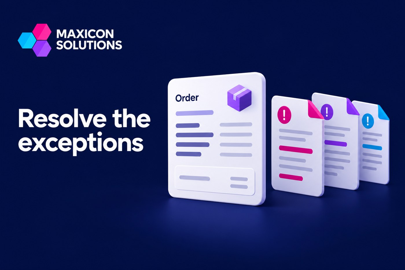 duplicate orders: Maxicon conceptual illustration of connected order records and exception review documents with verification checks