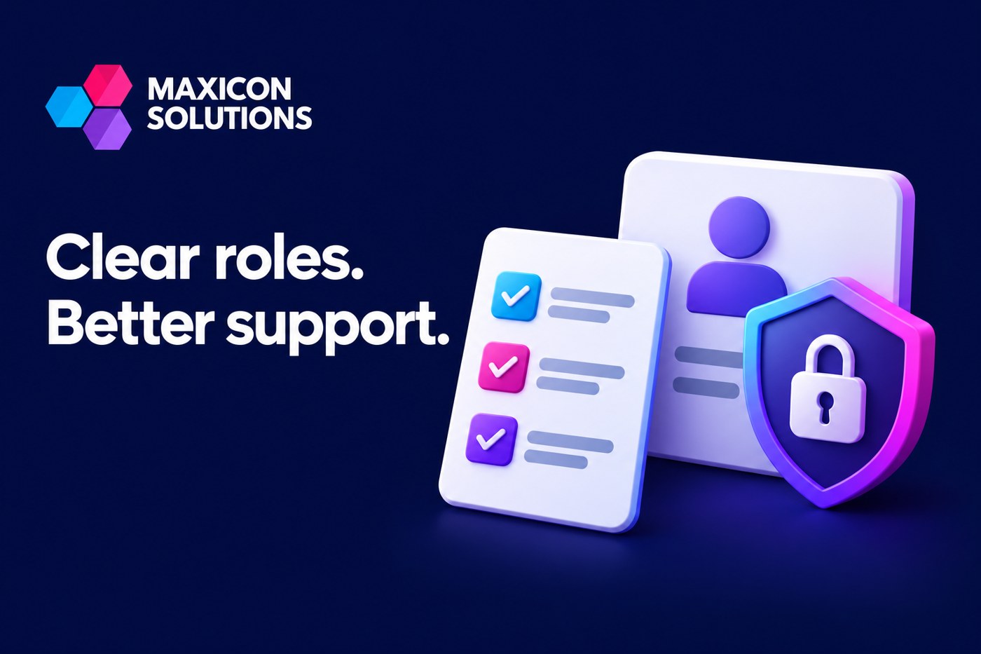 outsourced IT support: Maxicon conceptual illustration of support consoles and protected administrative account with verification checks