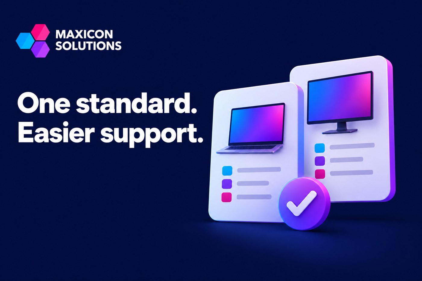 business laptops: Maxicon conceptual illustration of business device specification cards with verification checks