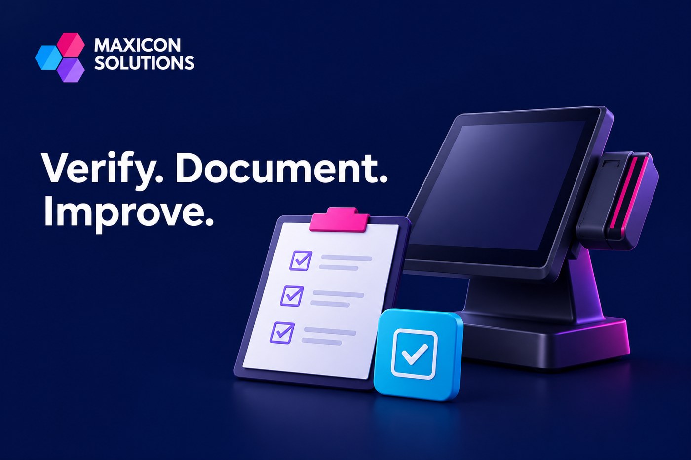 retail branch IT: Maxicon conceptual illustration of retail point of sale and branch readiness checklist with verification checks