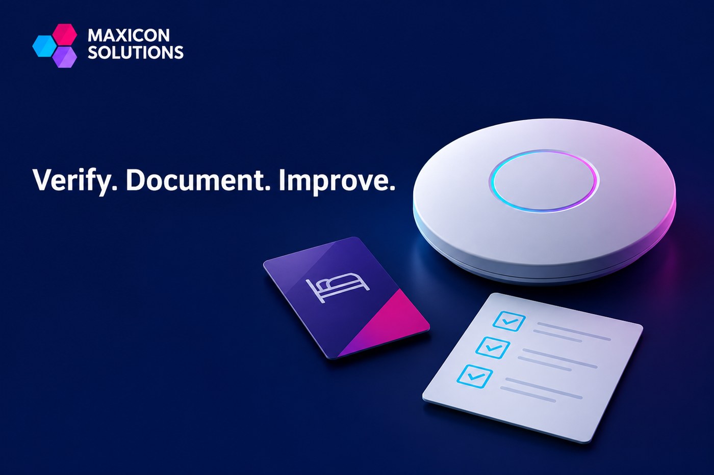guest Wi-Fi: Maxicon conceptual illustration of guest access card and wireless access point with verification checks