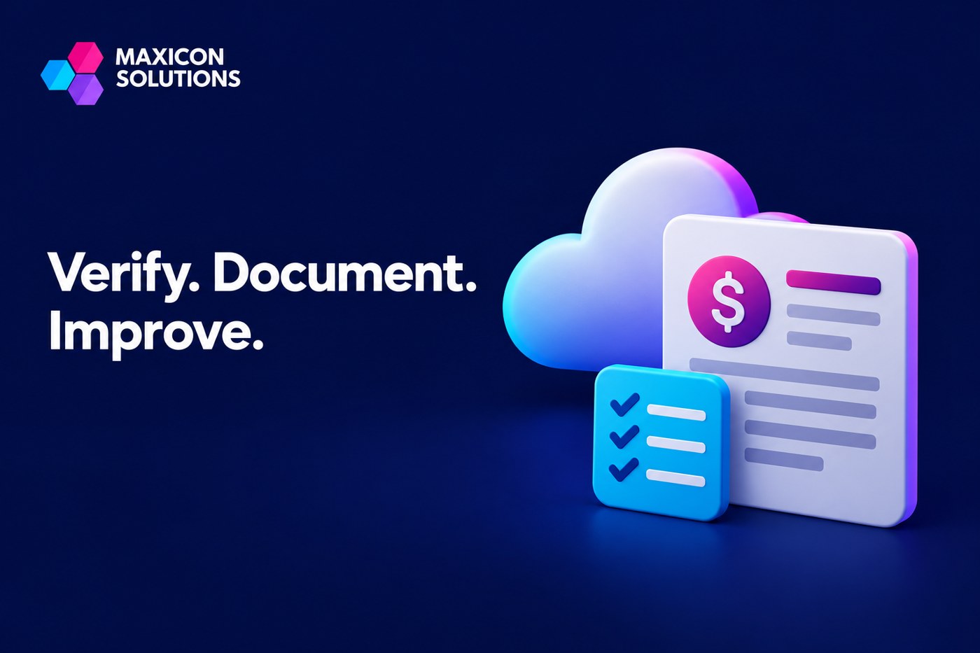 cloud cost review: Maxicon conceptual illustration of cloud resource cost review with verification checks