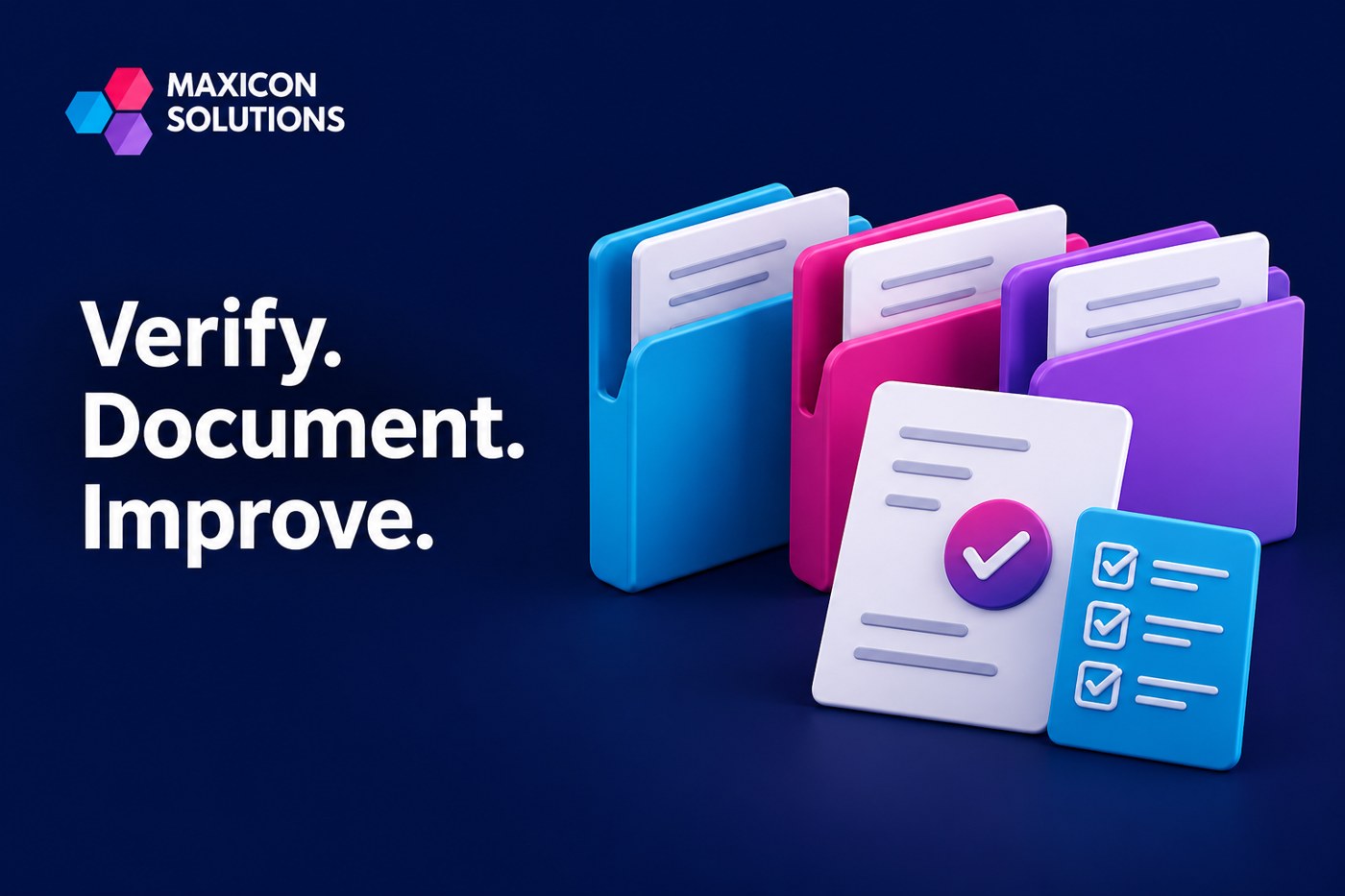 document ownership policy: Maxicon conceptual illustration of business folders and document ownership with verification checks