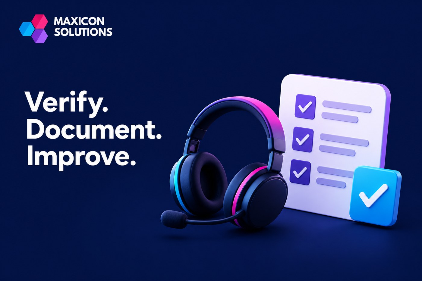 meeting decisions: Maxicon conceptual illustration of headset and meeting action checklist with verification checks