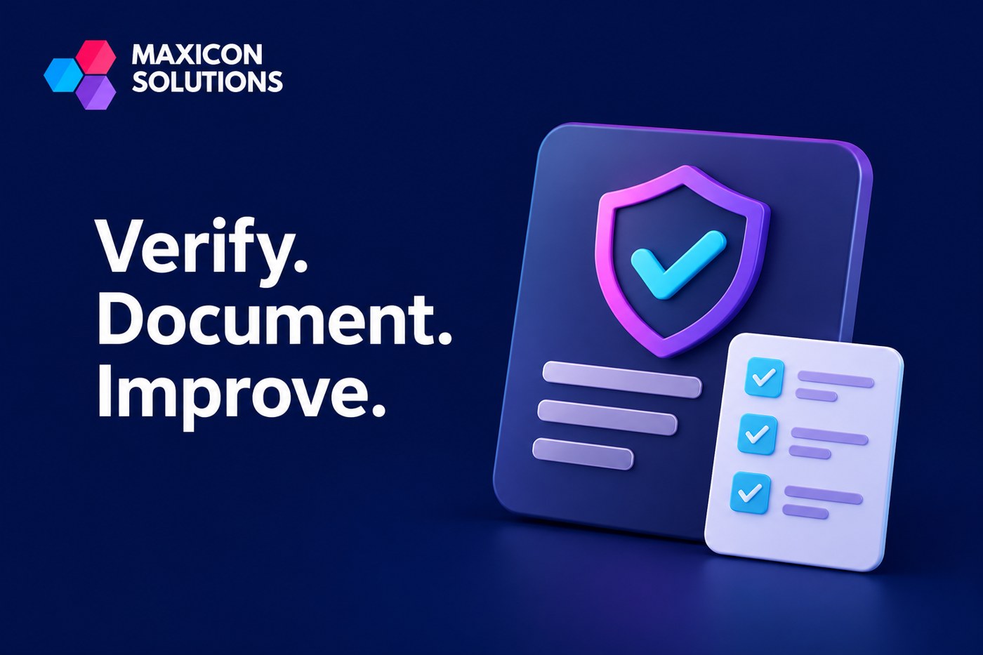 security findings: Maxicon conceptual illustration of security findings and remediation checklist with verification checks
