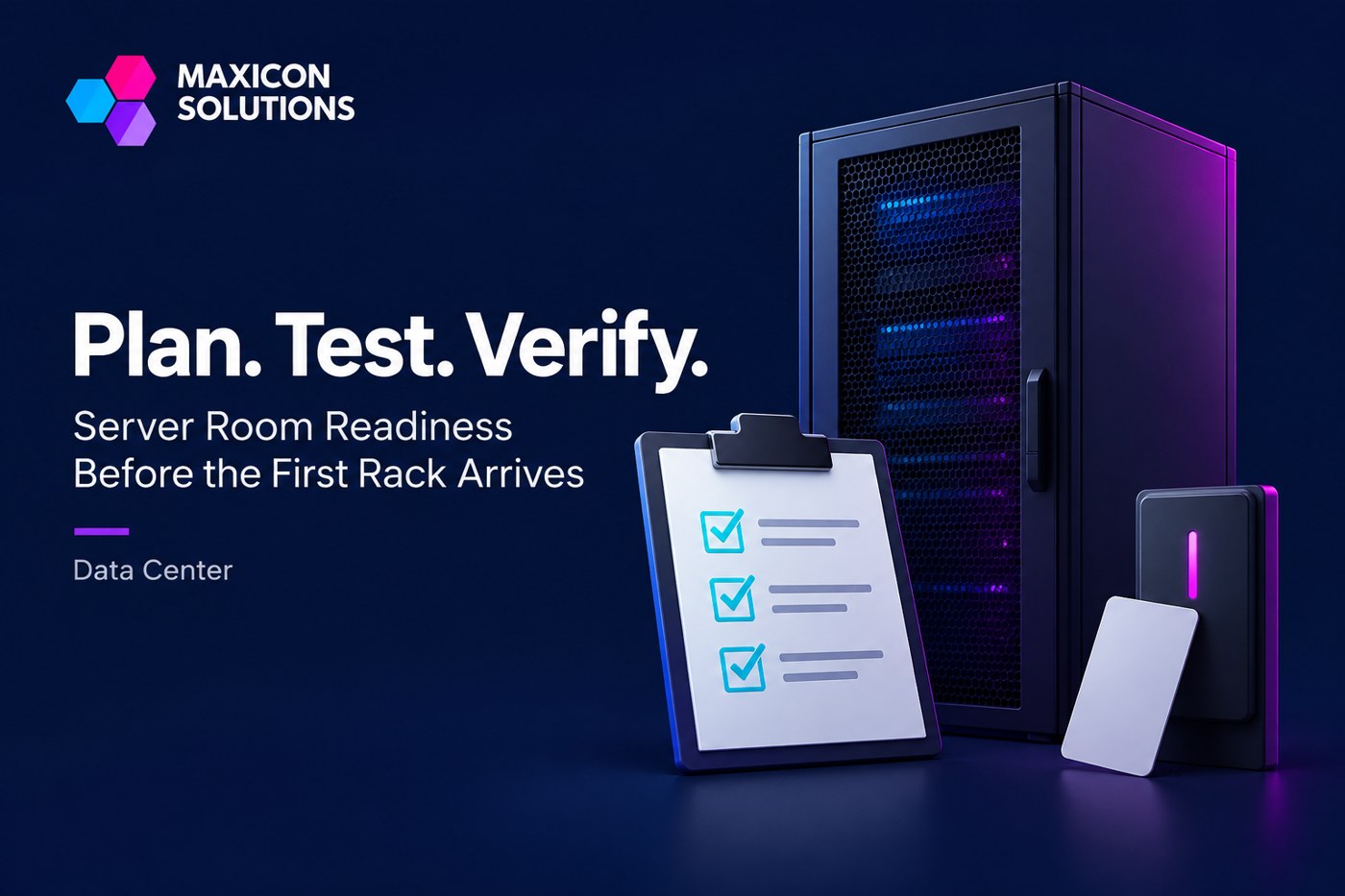 server room readiness: Maxicon conceptual illustration of server rack and room readiness checklist with verification checks