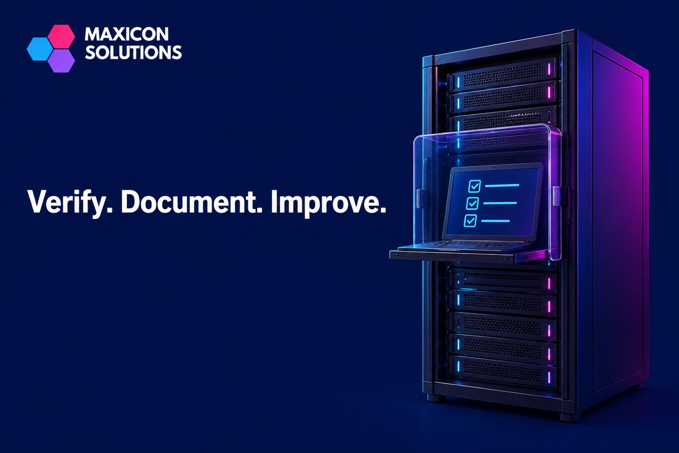 server room access: Maxicon conceptual illustration of server rack and controlled management access with verification checks