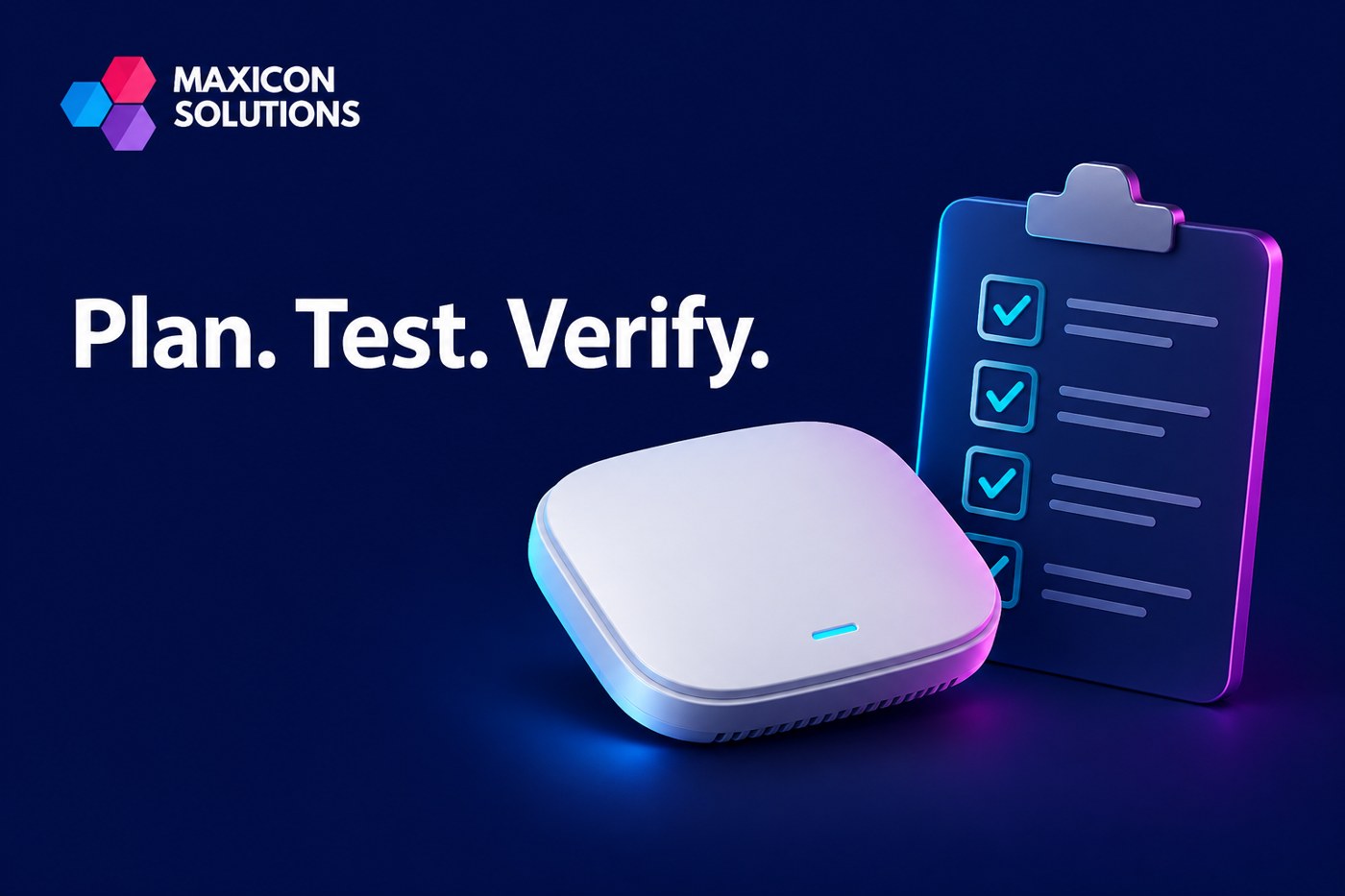 Maxicon conceptual illustration of wireless access point and acceptance checklist with verification checks