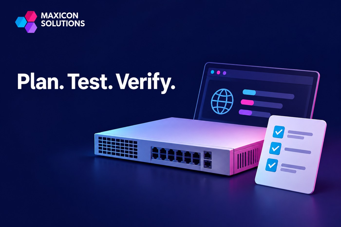 Maxicon conceptual illustration of generic firewall and application acceptance tests with verification checks