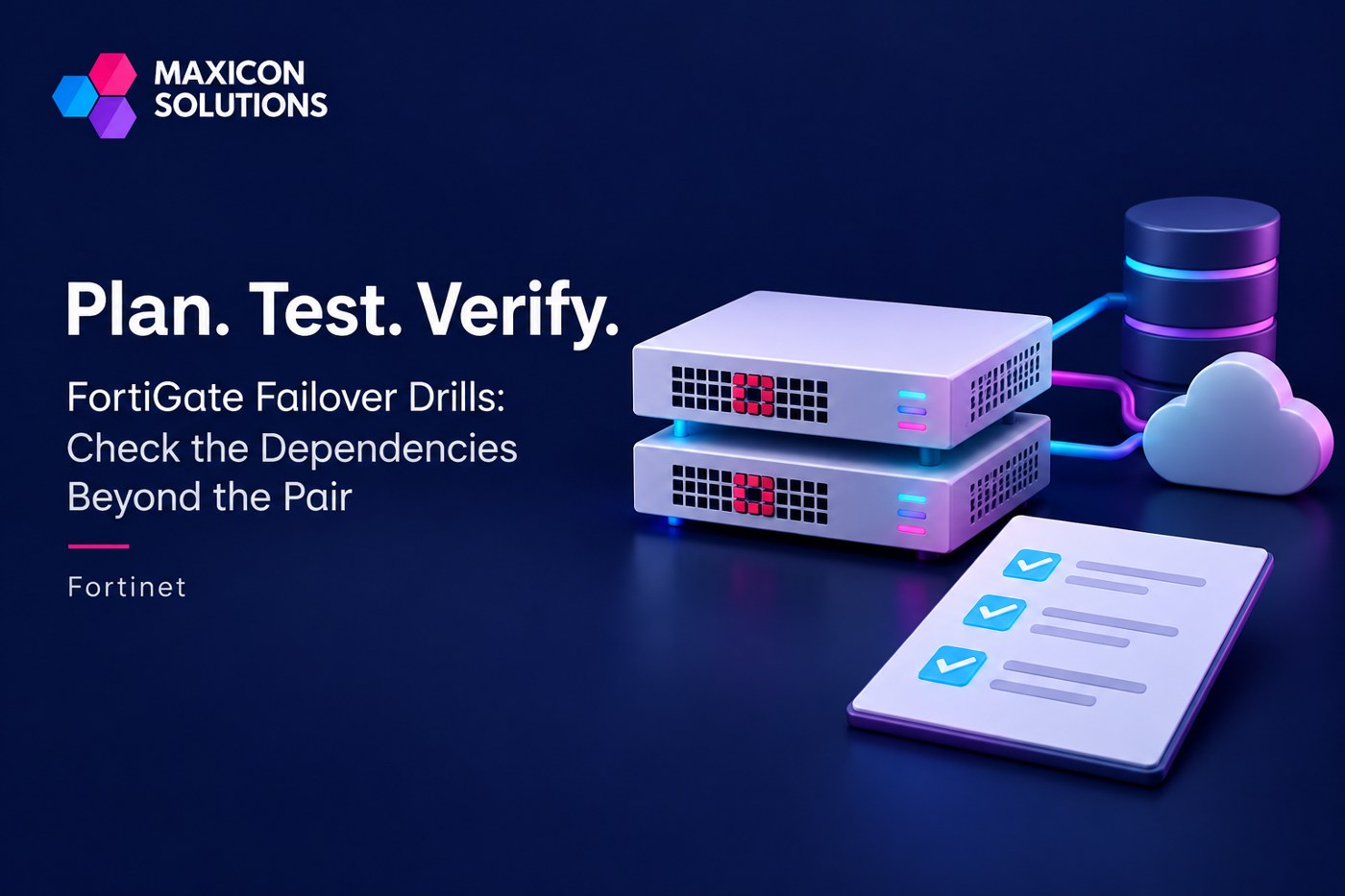 Maxicon conceptual illustration of paired generic firewall appliances and failover checks with verification checks