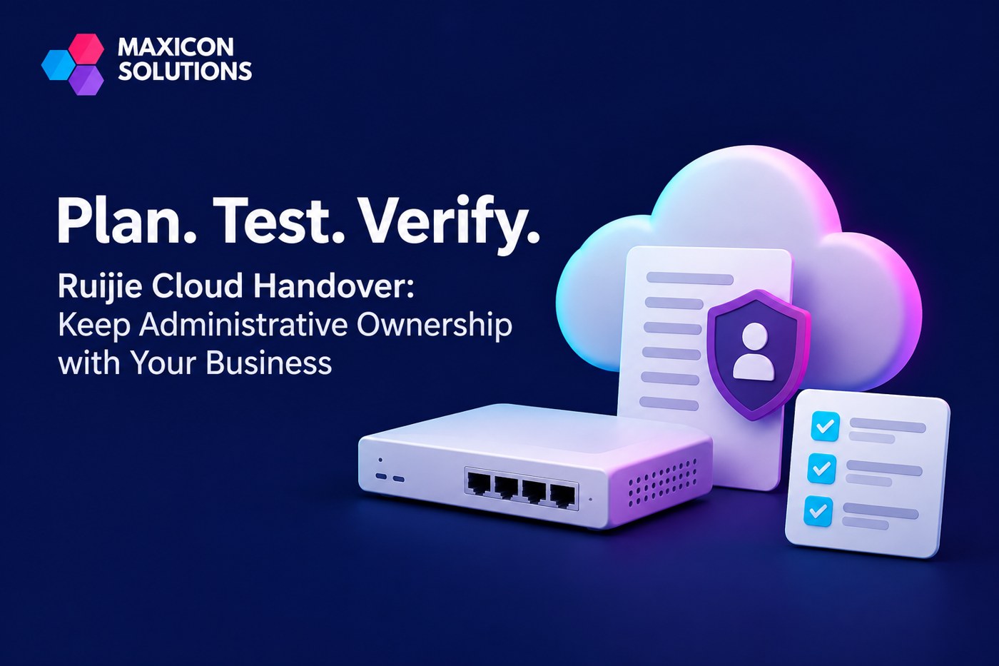 Maxicon conceptual illustration of cloud management and administrative ownership with verification checks