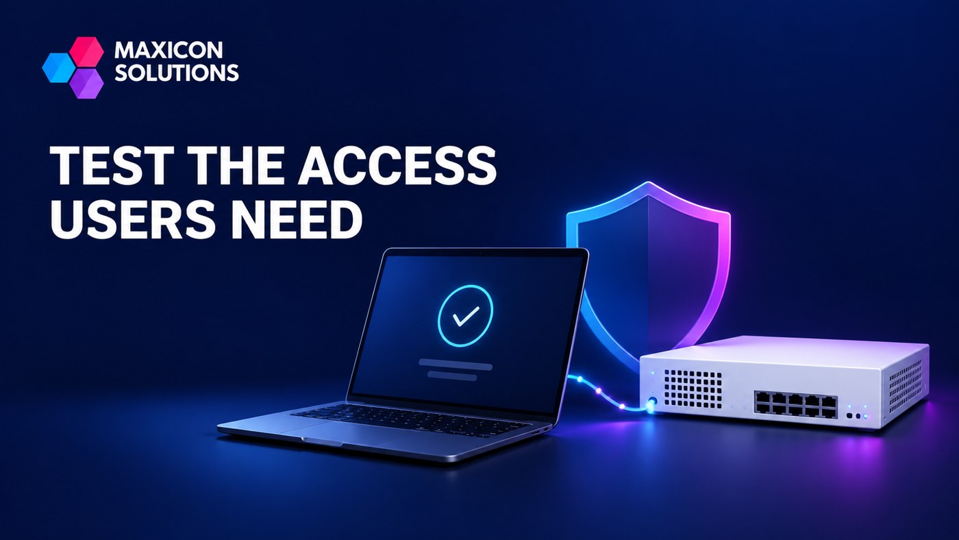 Maxicon conceptual illustration of remote workstation and secure identity access with verification checks