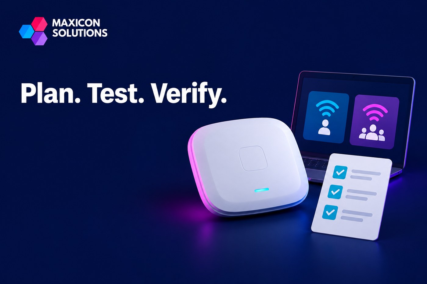 FortiAP wireless: Maxicon conceptual illustration of wireless access point with staff and guest accounts with verification checks