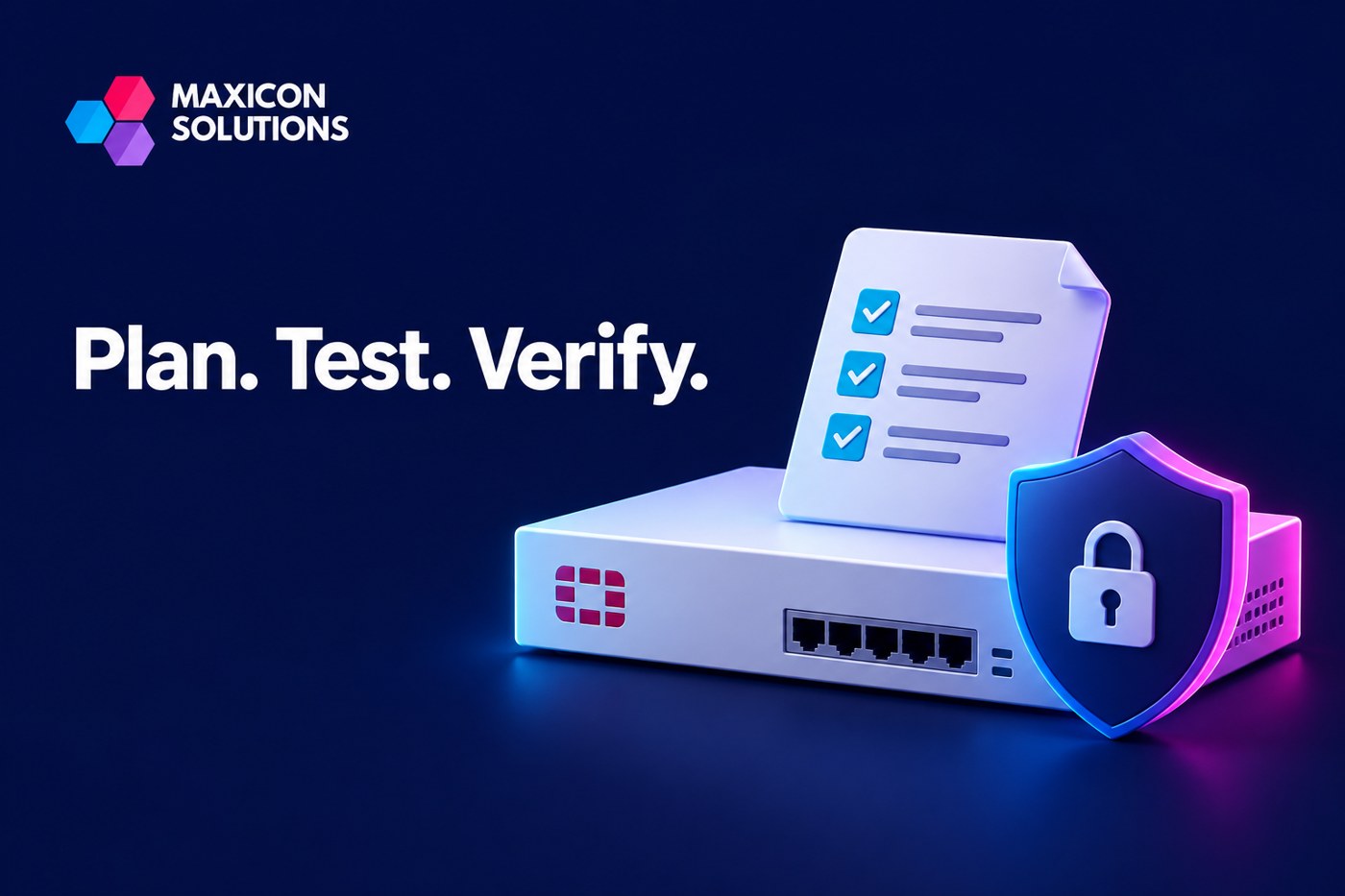 Maxicon conceptual illustration of generic firewall and policy review checklist with verification checks