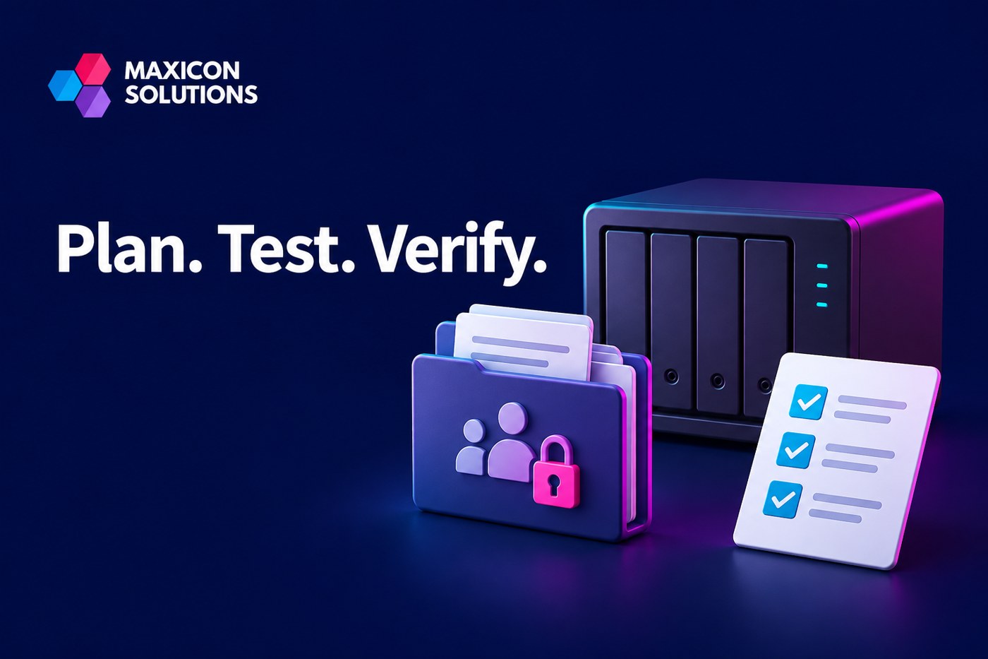 Maxicon conceptual illustration of nas storage and protected shared folders with verification checks