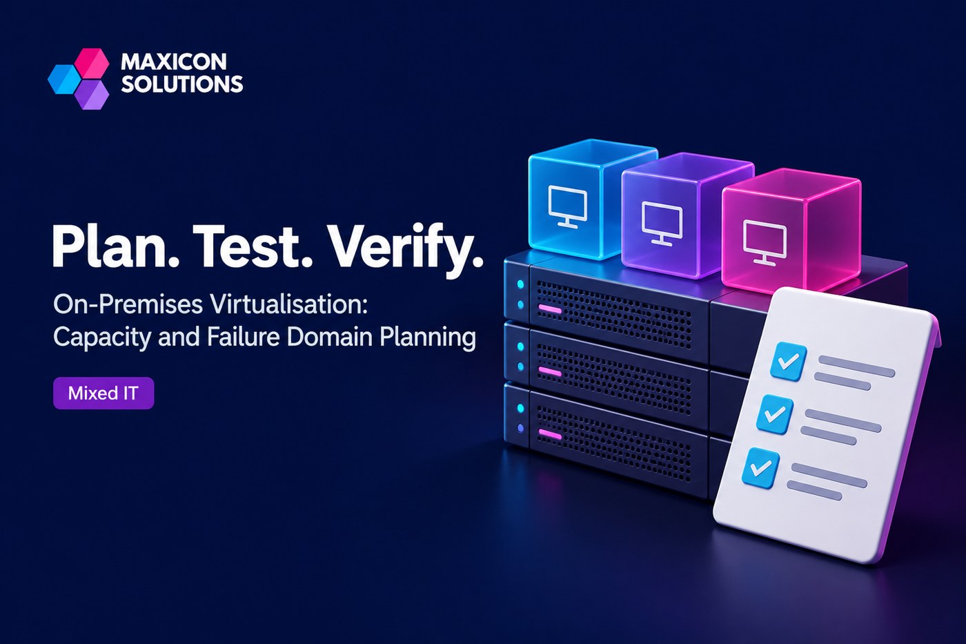 Maxicon conceptual illustration of servers and virtual workload placement with verification checks