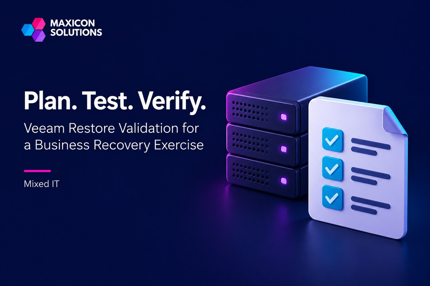 Maxicon conceptual illustration of server and restored data verification with verification checks