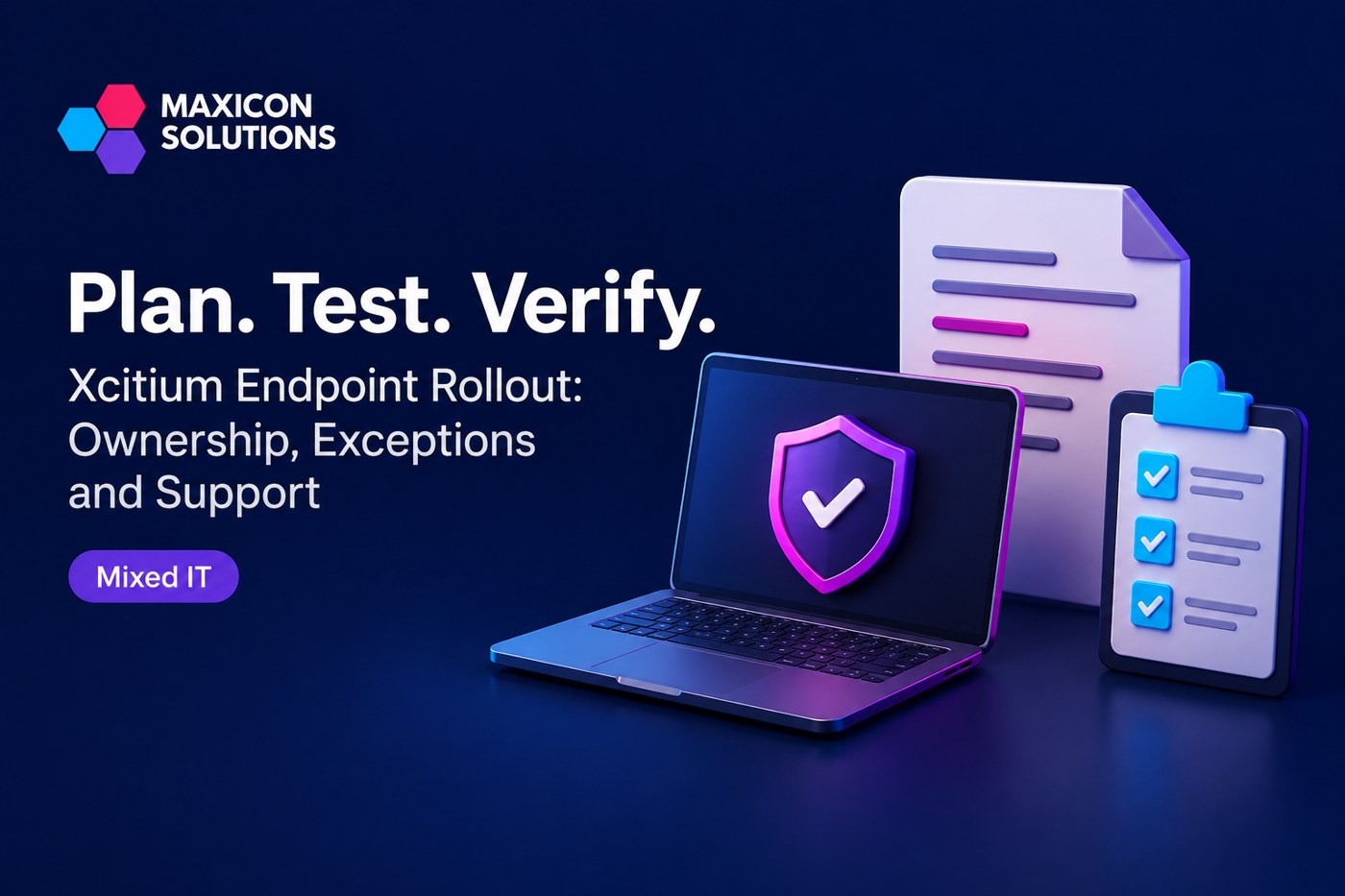 Maxicon conceptual illustration of endpoint security and exception ownership with verification checks