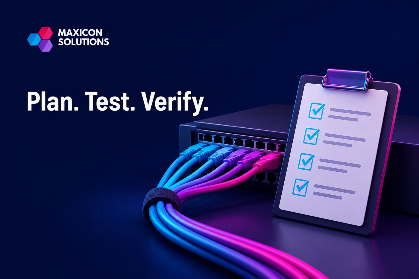 Maxicon conceptual illustration of network patch cables and handover checklist with verification checks